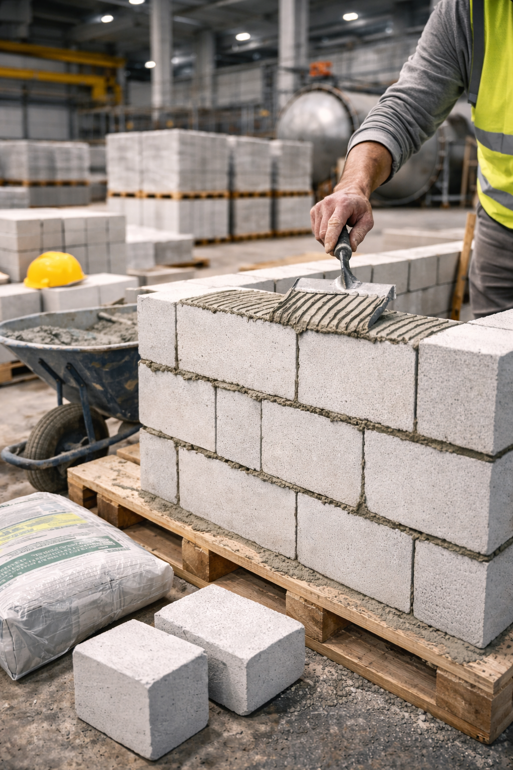 AAC block wall being laid with thin bed mortar UAE